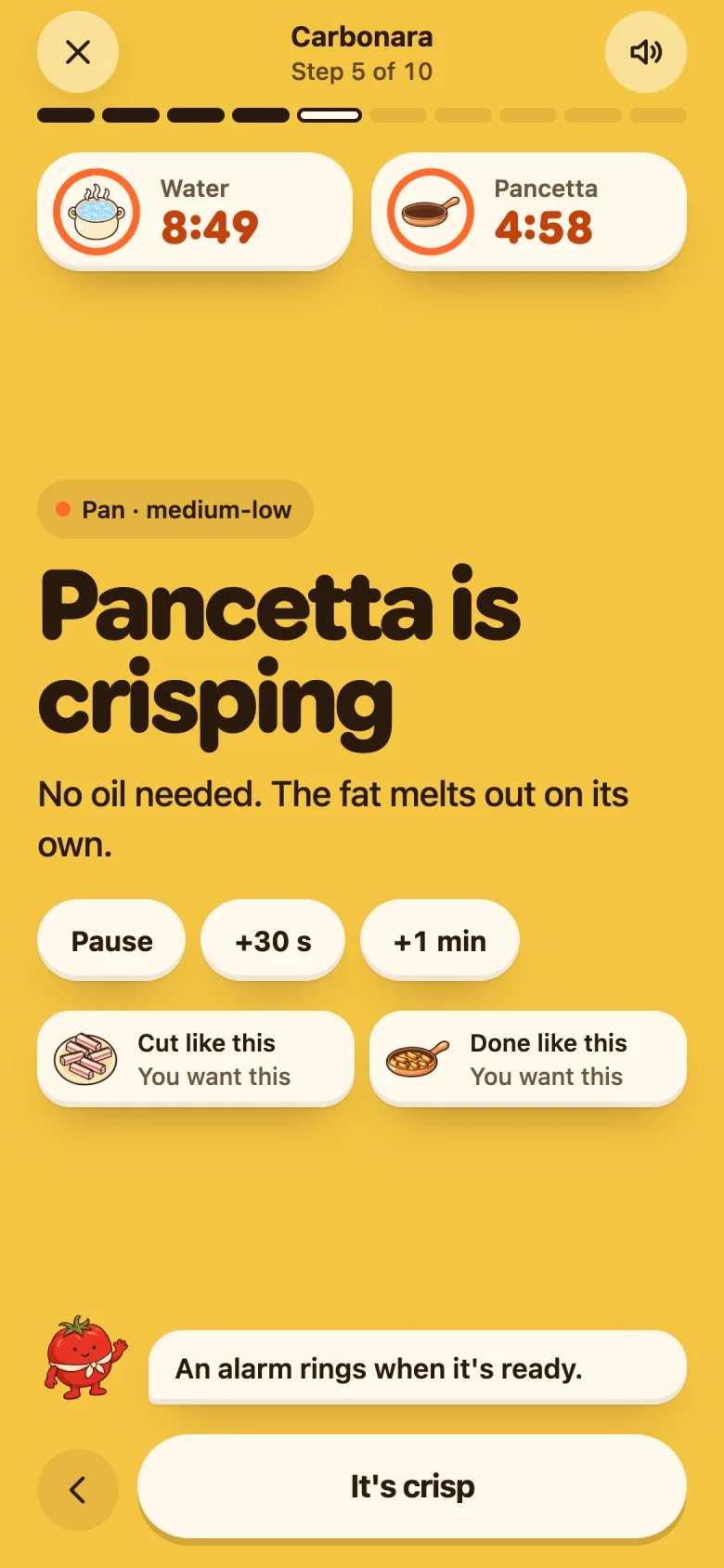 Cooking carbonara: the water timer at 8:49 and the pancetta timer at 4:58, running together.