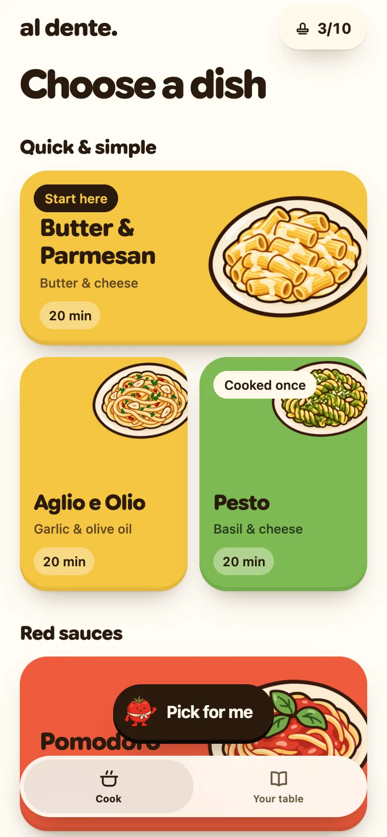 The menu: dishes on sauce-coloured cards, with three stamps in the passport and Pesto cooked once.